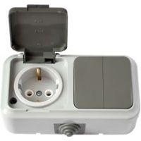 Блок выкл. 2 клав. + розетка (открытая, с/з, брызг. защ.) серая, Пралеска Аква 2В-РЦ-659(03)