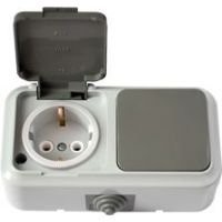 Блок выкл. 1 клав. + розетка (открытая, с/з, брызг. защ.) серая, Пралеска Аква В-РЦ-657(03)