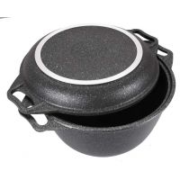 Казан 3л с антипригарным покрытием литой с крышкой-сковородой Темный мрамор ТМ KUKMARA