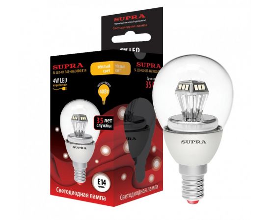 Лампа LED шар Е14 4Вт 3000К CR-G45 кристалл SUPRA  30241
