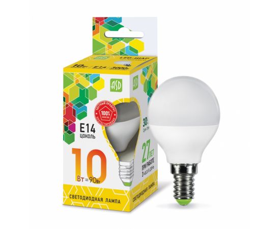 Лампа LED шар-standart 10Вт 160-260В Е14 3000К 900Лм  ASD 15446