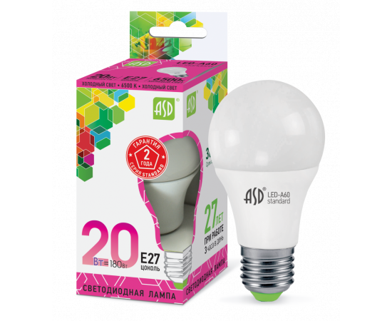 Лампа LED A60-standart 20Вт 160-260В Е27 6500К 1800Лм ASD 4210