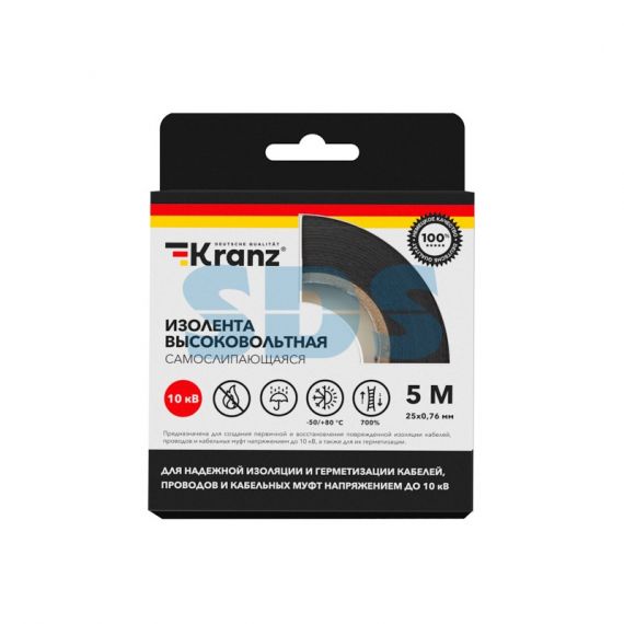Изолента высоковольтная KRANZ самослипающаяся , до 10кВ. 0,76*25мм 5м KR-09-2510