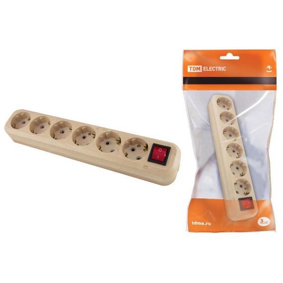 Колодка роз. 6гн. 2П+3 с выключ.16А 250В "Эко" сосна TDM  SQ1806-0058