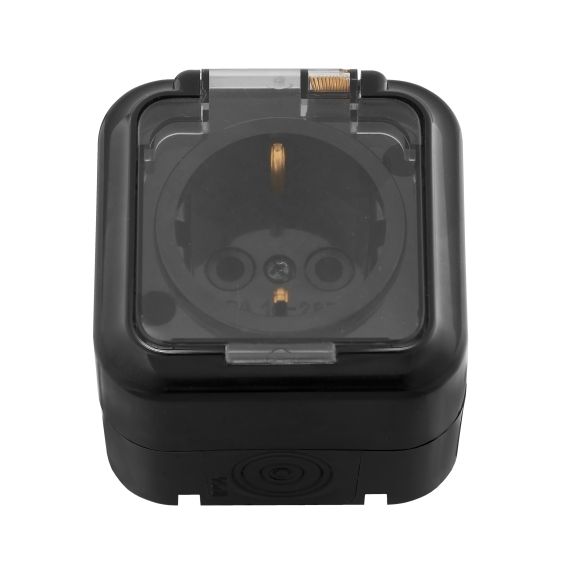 Розетка 1-м РА16-297 о/п IP54 Пралеска Аква черный с прозр. крышкой 06614