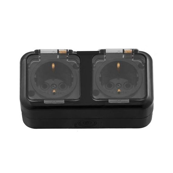 Розетка 2-м РА16-303 о/п IP54 з/к черный прозрачная крышка Пралеска Аква 06616