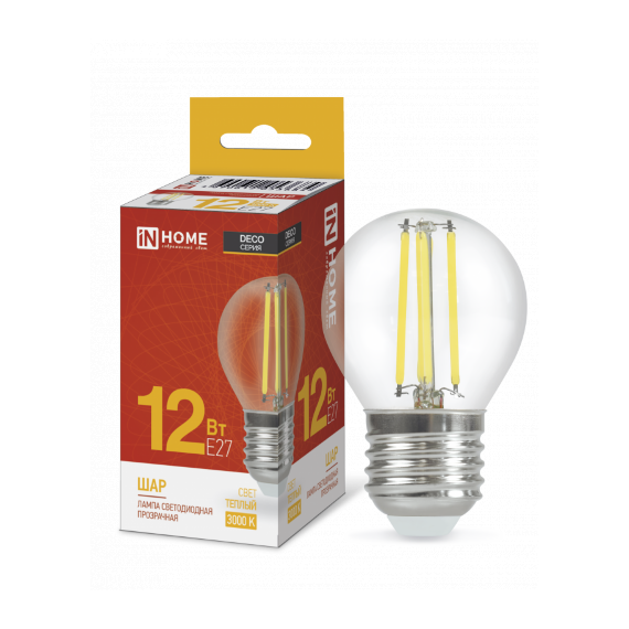 Лампа LED шар-deco 12Вт 230В Е27 3000К 1350Лм прозрачн. 3684