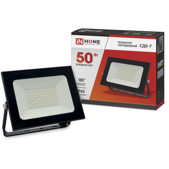 Прожектор светодиодный СДО-7 50Вт 230В 6500К IP65 черный IN HOME  4638