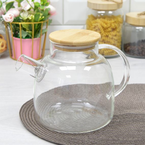 Чайник заварочный 1,5л стеклянный с бамбуковой крышкой, изображение 2
