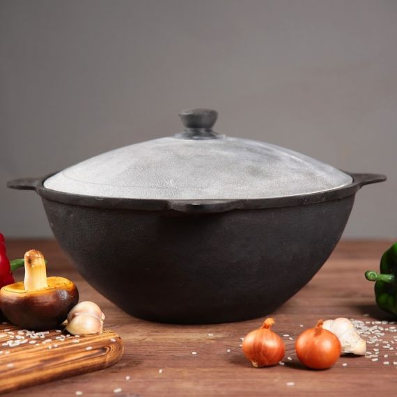 Казан 4,5л узбекский чугунный с ал. крышкой, плоское дно  200-370, изображение 2