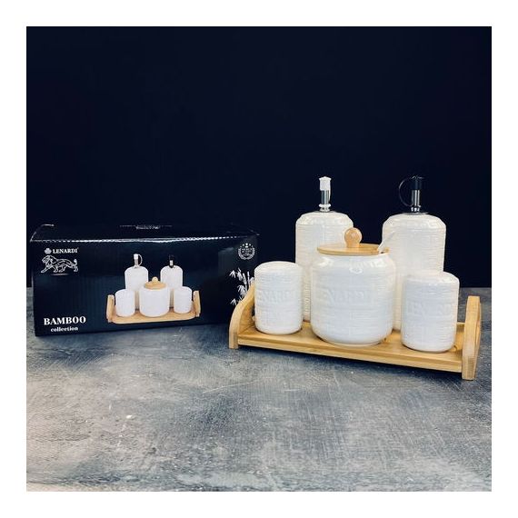 Набор для специй: сахарница,бутылки для масла, 5пр. на подс-ке BAMBOO Фарфор 140-123