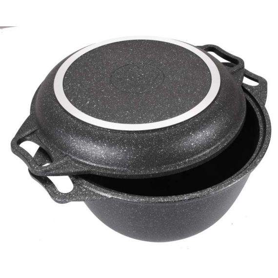 Казан 3л с антипригарным покрытием литой с крышкой-сковородой Темный мрамор ТМ KUKMARA