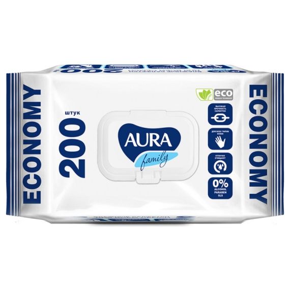 Влажные салфетки АУРА Family с крышкой 200шт  QR